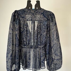 Ted Baker Navy Sheer Blouse with White Floral Pattern